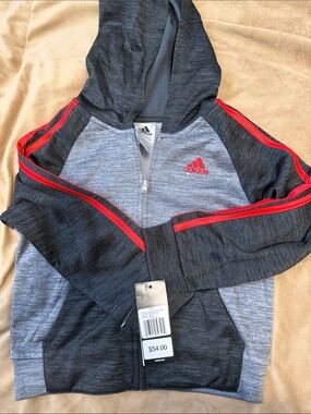 adidas Kids Heather Gray & Charcoal Hoodie with Red Stripes